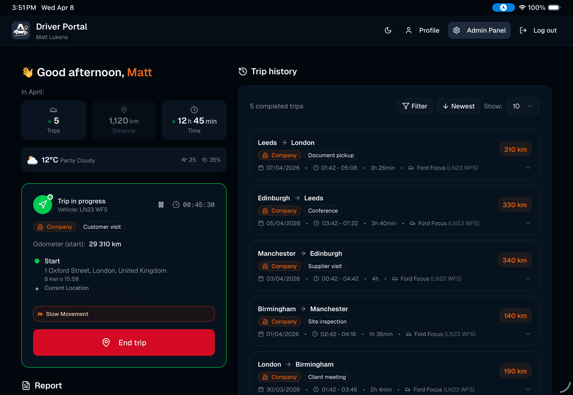 Aroute web app: driver portal in dark mode